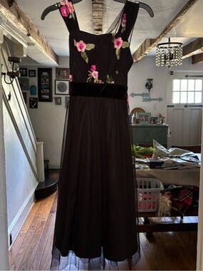 Amy Byer Black Midi Dress with Pink Floral Embroidery and Tulle Size 8